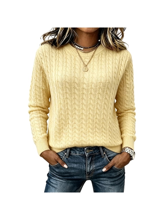 Women's Pullover Sweaters Cable Knit Crew Neck Long Sleeve Ribbed Trim Knit Sweater Cozy Fall Winter Casual Daily Wear
