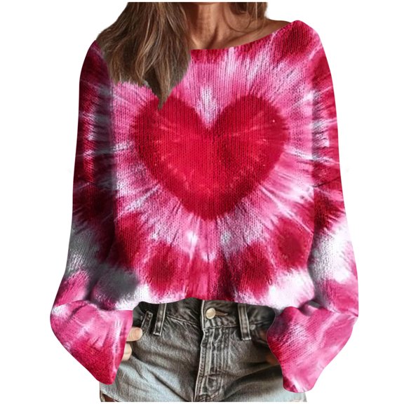 Women's Pullover Sweaters Heart Graphic Oversized Off Shoulder Sweatshirts Trendy Long Sleeve Crew Neck Cute Tops Fashion Valentine's Day Graphic Pullover