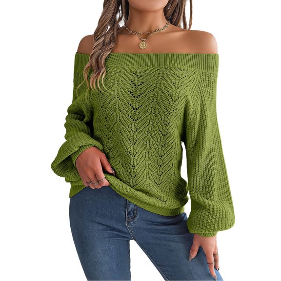 Women's Pullover Sweaters Knitted Lantern Sleeve Off Shoulder Sweater Solid Color Top Casual Fashion Clothes