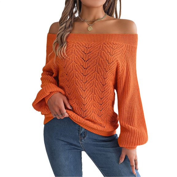 Women's Pullover Sweaters Knitted Lantern Sleeve Off Shoulder Sweater Solid Color Top Casual Fashion Clothes