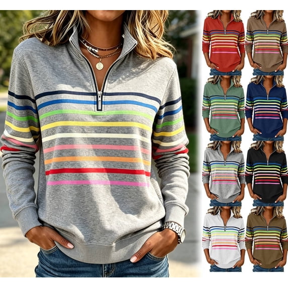 Women's Pullover Sweatshirt Patchwork Print Quarter Zip Plain Striped Elegant Warm Classic Long Sleeve V Neck Regular Tops Casual Home Work Fall Winter | CSEONE,Coffee 2XL
