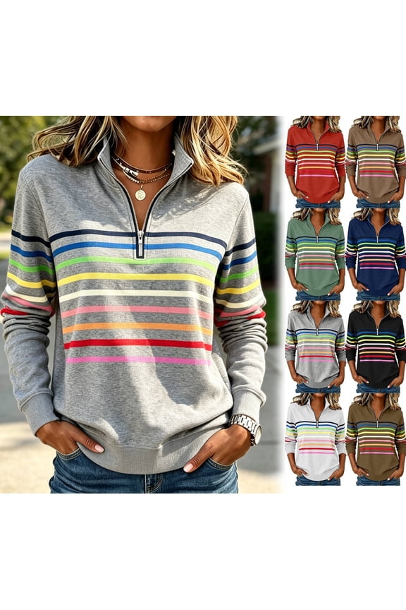 Women's Pullover Sweatshirt Patchwork Print Quarter Zip Plain Striped Elegant Warm Classic Long Sleeve V Neck Regular Tops Casual Home Work Fall Winter | CSEONE,Red L