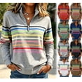 thumbnail image 1 of Women's Pullover Sweatshirt Patchwork Print Quarter Zip Plain Striped Elegant Warm Classic Long Sleeve V Neck Reqular Tops Casual Home Work Fall Winter | CSEONE,Army Green L, 1 of 8