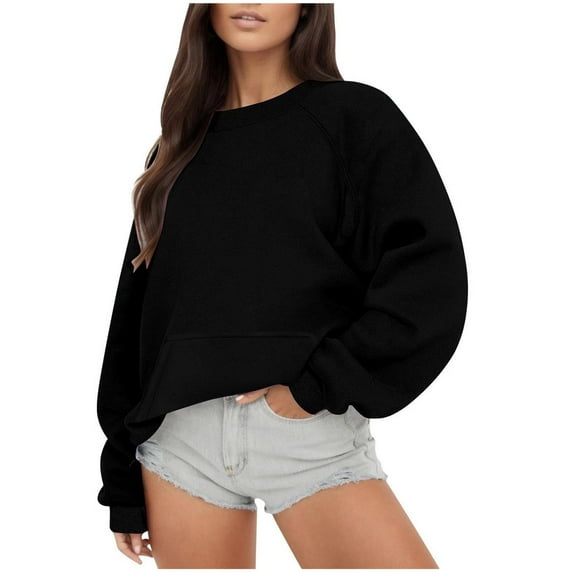 Women's Pullover Sweatshirt Round Neck Black Long Sleeve Hoodless Casual Loose Blouse Up to 65% off!