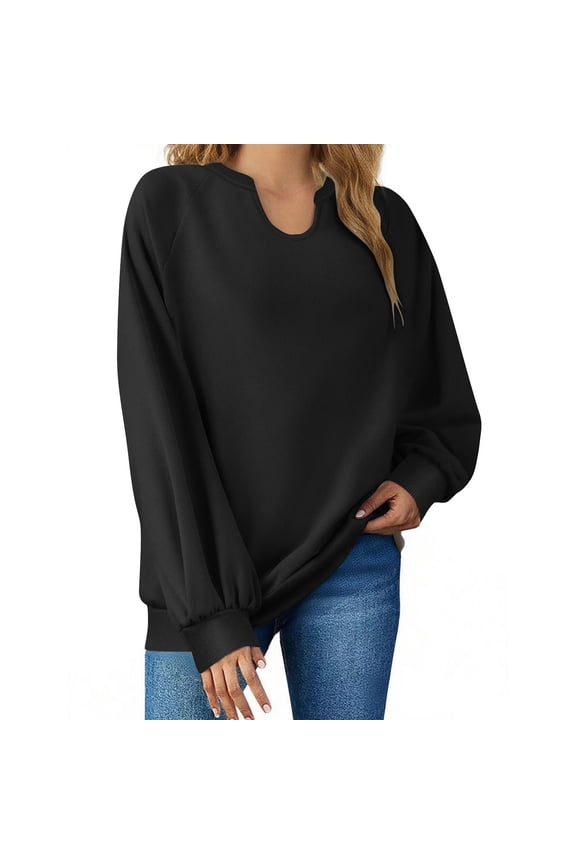 Women's Pullover Sweatshirt Round Neck Black Solid Color Loose Bubble Sleeve Hoodie Long Sleeve Jacket
