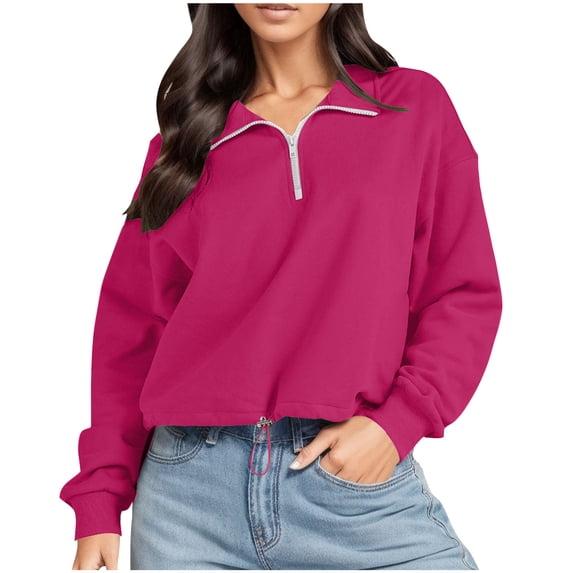 Women's Pullover Sweatshirt Round Neck Hot Pink Fall and Winter Long Sleeve Half High Neck Zipper Solid Color Short Button Loose Velvet Up to 65% off!