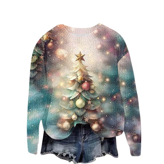 Women's Pullover Sweatshirt Round Neck Multicolor Christmas Long Sleeve Cardigan Printed Button Solid Color Knit Top Coat Up to 65% off!