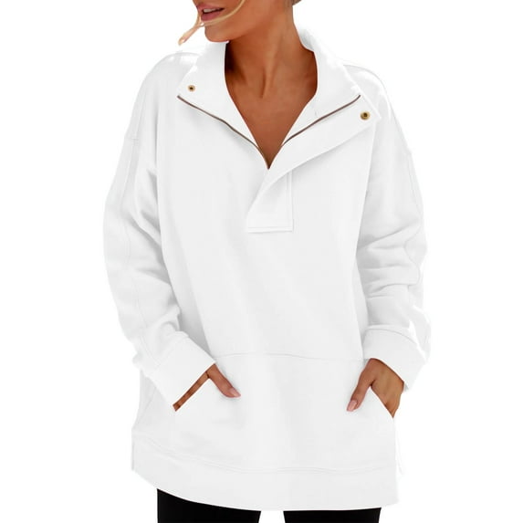 Women's Pullover Sweatshirt Round Neck White Long Sleeved Half Zipper Pullover Solid Color Casual Sports Up to 65% off!