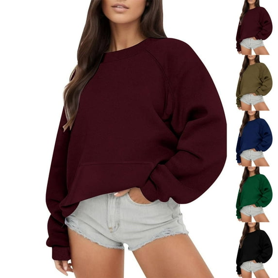Women's Pullover Sweatshirt Round Neck Wine Long Sleeve Hoodless Casual Loose Blouse Up to 65% off!
