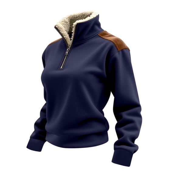 Women's Pullover Tops New Women's Solid Color Half Zipper Long Sleeved Sweatshirt with Patchwork Suede Cover Collar and Fleece Tops Sweatshirt Style B-43 Navy XL