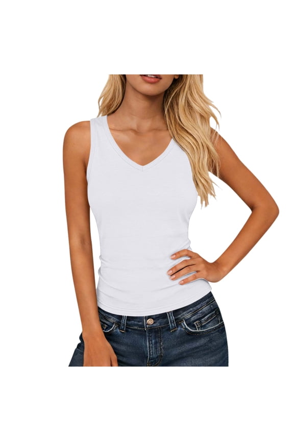 Women's Pullover Tops V Neck Sleeveless Solid Color Casual Sport Tank Tops for Going Out S-XXL White S(S)