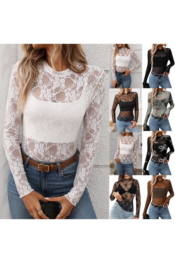Women's Pullovers Semi-high Neck See-through Long Sleeve T-shirt Sexy Y2K Mesh Top for Women Sexy Slim Tops