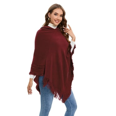Women's Pullovers Sweater, Tassel Knitted Warm Sweater Cape, Knitted Hooded Irregular Pullover Shawl Tops
