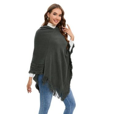 Women's Pullovers Sweater, Tassel Knitted Warm Sweater Cape, Knitted Hooded Irregular Pullover Shawl Tops