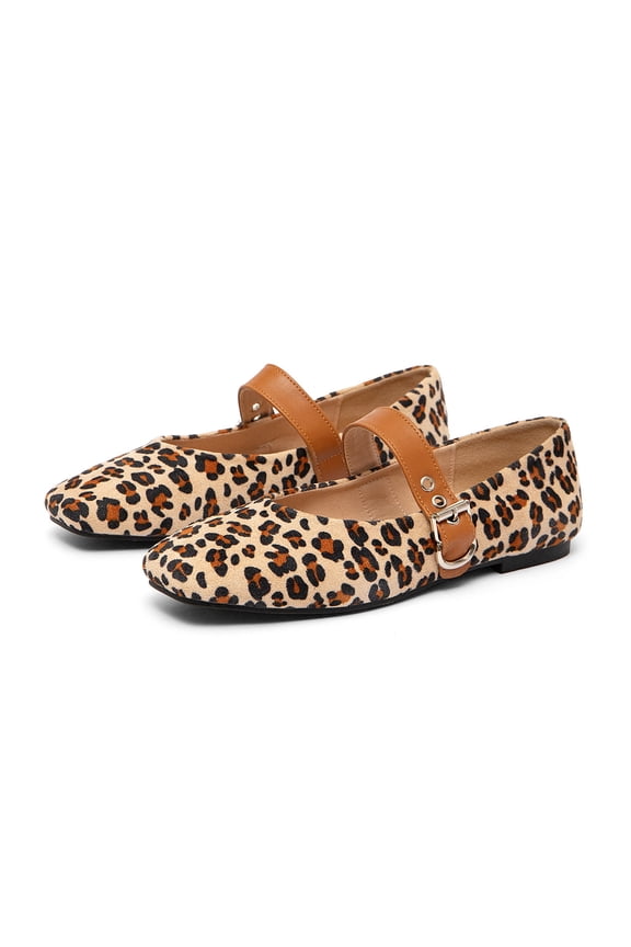 Women's Pump Slip-on Flat Shoes Sexy Leopard Print Casual Shoes Square Toe Buckle Wide fit