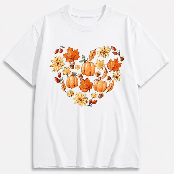Women's Pumpkin Autumn Leaves Heart Graphic T-Shirt, Cute Fall Shirt