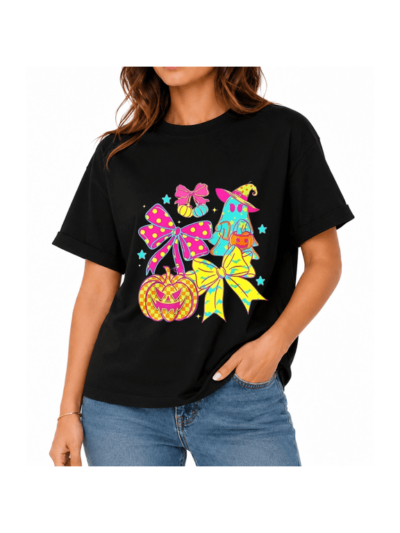 Women's Pumpkin Bow Halloween Graphic T-Shirt, Fall Party Casual Short Sleeve Tee