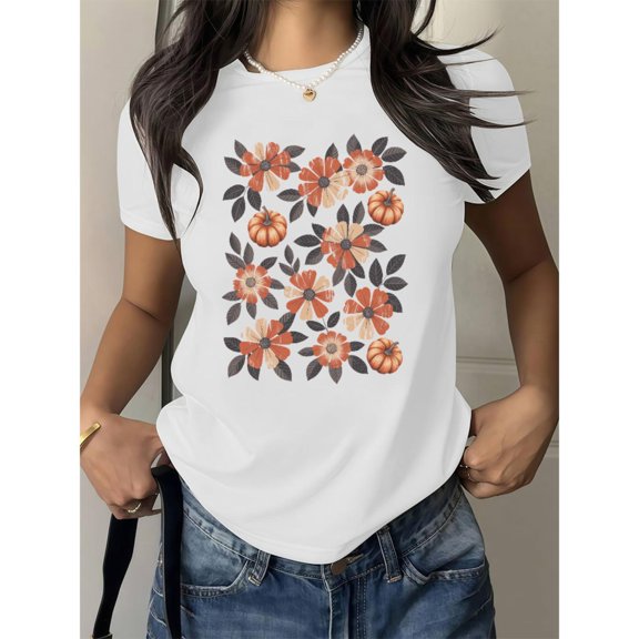 Women's Pumpkin Floral T-Shirt, Orange Fall Graphic Tees, Cozy Halloween Tops for Women, Soft Crew neck Tee,Retro,cotton,white,S-5XL