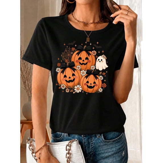 Women's Pumpkin Ghost Party Smiling Jack‑O‑Lanterns And Friendly Ghost Graphic T‑Shirt