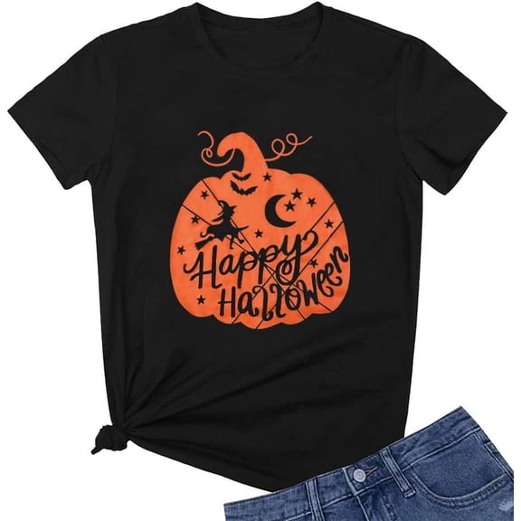 Women's Pumpkin Graphic Shirt Cute Happy Halloween Letter Print Tee Novelty Athletic Short Sleeve Tops
