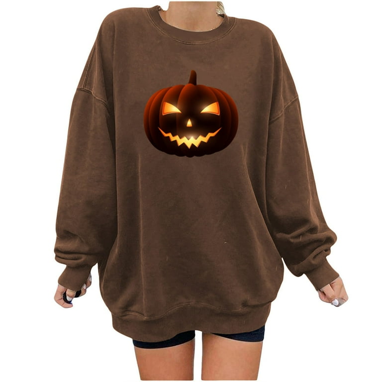 Women s Pumpkin Head Printed Hoodie Drop Shoulder Round Neck Hoodie Walmart