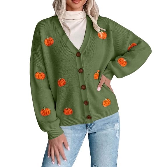 Women's Pumpkin Knit Cardigan, Long Sleeve Open Front Knitted Sweater, Fall Outwear Coat Tops, Kawaii Y2K Cute Funny Button Sweaters Fall Winter Causal Coat Cozy Loungewear