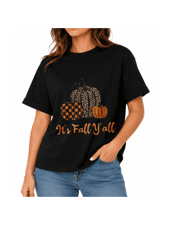Women's Pumpkin Leopard Checkered Halloween Graphic T-Shirt, Fall Party Casual Short Sleeve Tee