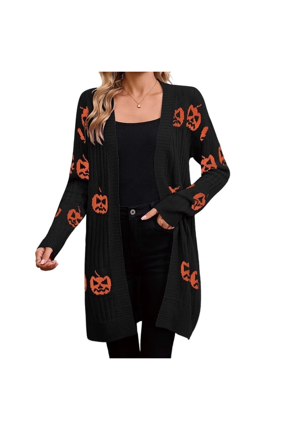 Women's Pumpkin Print Long Sleeve Cardigan Sweaters Casual V-Neck Open Front Ribbed Knit Sweater Coat