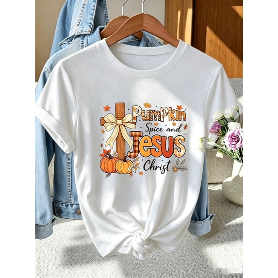 Women's Pumpkin Spice and Jesus Christ Graphic T-Shirt Fall Christian Cross Casual Short Sleeve Crew Neck Tee