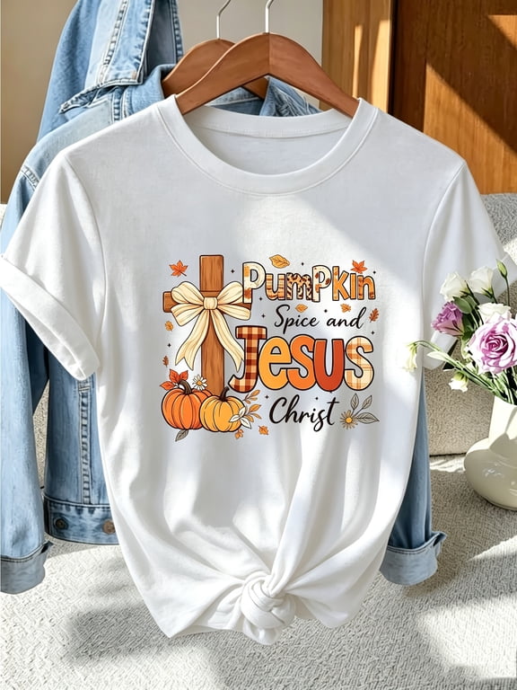 Women's Pumpkin Spice and Jesus Christ Graphic T-Shirt Fall Christian Cross Casual Short Sleeve Crew Neck Tee