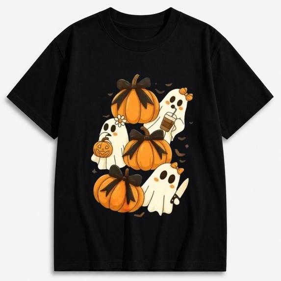 Women's Pumpkins and Ghosts Pattern Halloween Shirt, Cute Spooky Graphic Short Sleeve T-Shirt