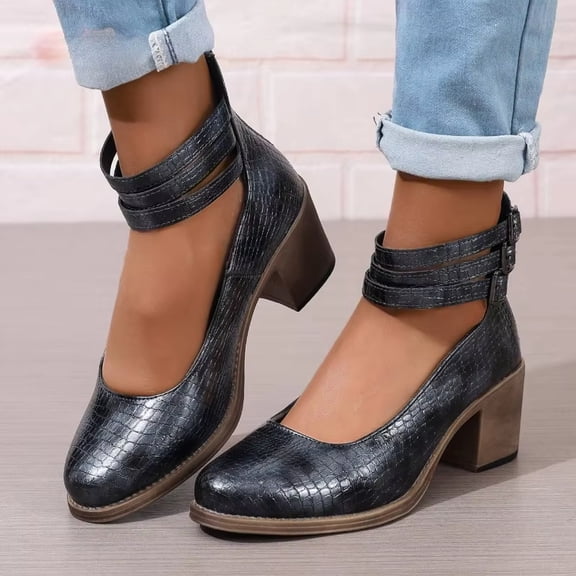 Women's Pumps Closed Toe Retro Comfortable Chunky Low Block Heels Buckle Strap Dress Shoes