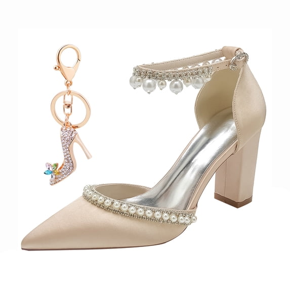 Women's Pumps High Heel 8CM Rhinestones Pearls Ankle Strap Wedding Shoes for Bride Prom Party
