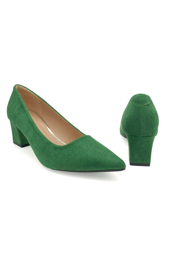 Women's Pumps Pointy Toe 2 Inches Slip On Low Chunky Block Heels, Padded Latex Cushion, Green, Size 8