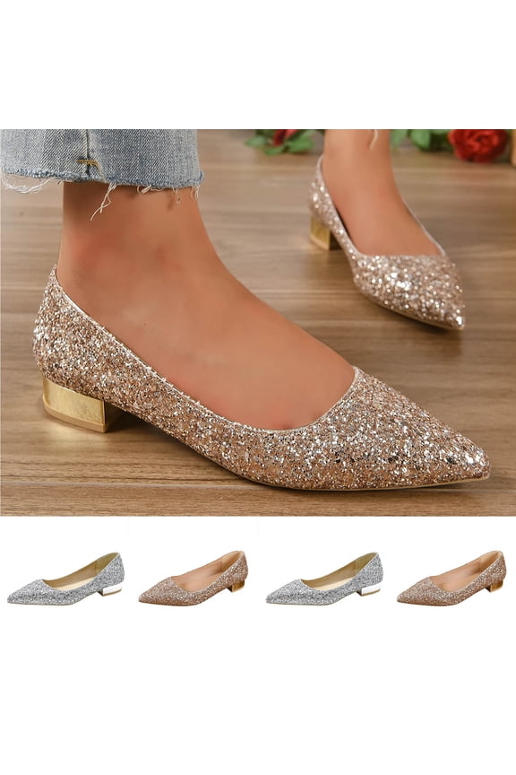 Women's Pumps Shoes for Women Trendy Pointed Toe Glitter Block Heel Pumps Comfortable Wedding Bridal Shoes Spring Summer Fashion Plus Size Black Shoes for Women