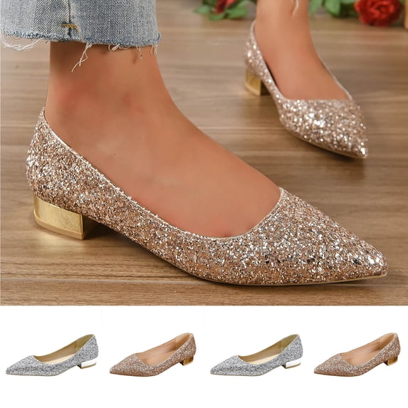 Women's Pumps Shoes for Women Trendy Pointed Toe Glitter Block Heel Pumps Comfortable Wedding Bridal Shoes Spring Summer Fashion Plus Size Black Shoes for Women