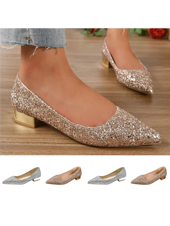 Women's Pumps Shoes for Women Trendy Pointed Toe Glitter Block Heel Pumps Comfortable Wedding Bridal Shoes Spring Summer Fashion Plus Size Black Shoes for Women
