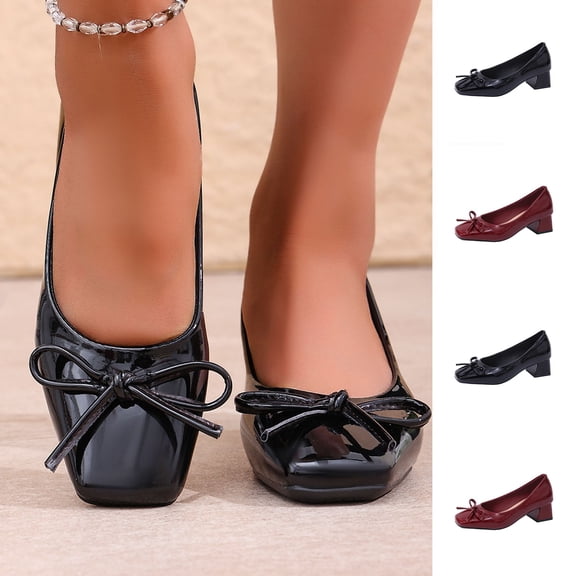 Women's Pumps Shoes for Women Trendy Square Toe Bow Decor Leather Block Heel Pumps Comfortable Casual Dress Shoes Spring Summer Fashion Plus Size Black Shoes for Women