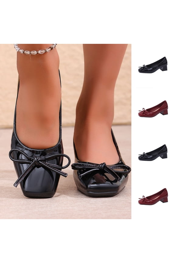 Women's Pumps Shoes for Women Trendy Square Toe Bow Decor Leather Block Heel Pumps Comfortable Casual Dress Shoes Spring Summer Fashion Plus Size Black Shoes for Women