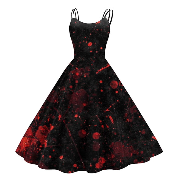 Women's Punk Gothic Halloween Midi Dress, Off Shoulder Spaghetti Strap A-Line Swing Dress, Blood Drip Retro Print Costume for Halloween Cosplay & Cocktail Parties Black B L
