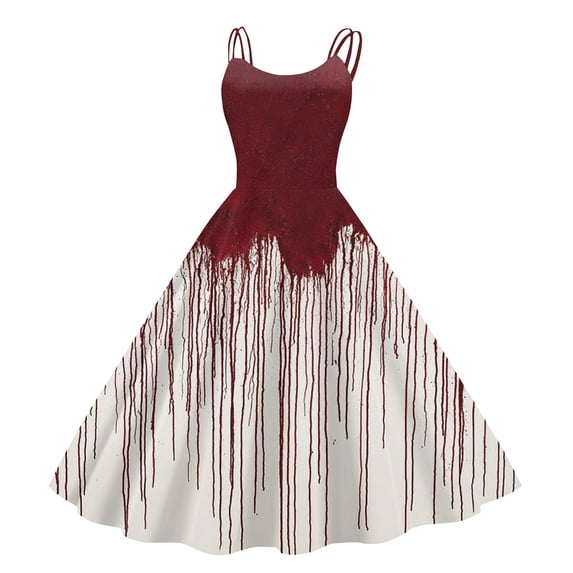 Women's Punk Gothic Halloween Midi Dress, Off Shoulder Spaghetti Strap A-Line Swing Dress, Blood Drip Retro Print Costume for Halloween Cosplay & Cocktail Parties Red B L