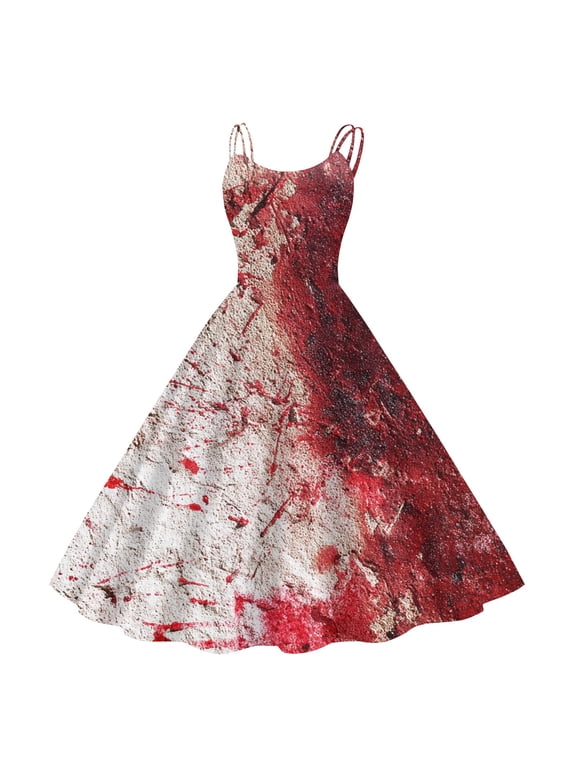 Women's Punk Gothic Halloween Midi Dress, Off Shoulder Spaghetti Strap A-Line Swing Dress, Blood Drip Retro Print Costume for Halloween Cosplay & Cocktail Parties Watermelon Red B S