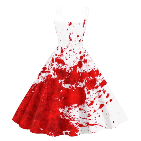 Women's Punk Gothic Halloween Midi Dress, Off Shoulder Spaghetti Strap A-Line Swing Dress, Blood Drip Retro Print Costume for Halloween Cosplay & Cocktail Parties White B L