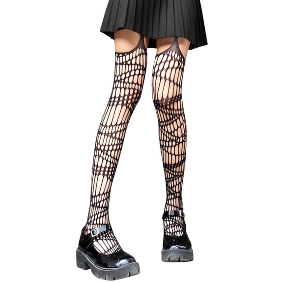 Women's Punk Rock Fishnet Stockings with Suspenders and Lace Cutout Detailing for Edgy Fashion Style