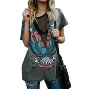 Women's Punk Rock N Roll Eagle Print T-Shirt Casual V-Neck Short Sleeve