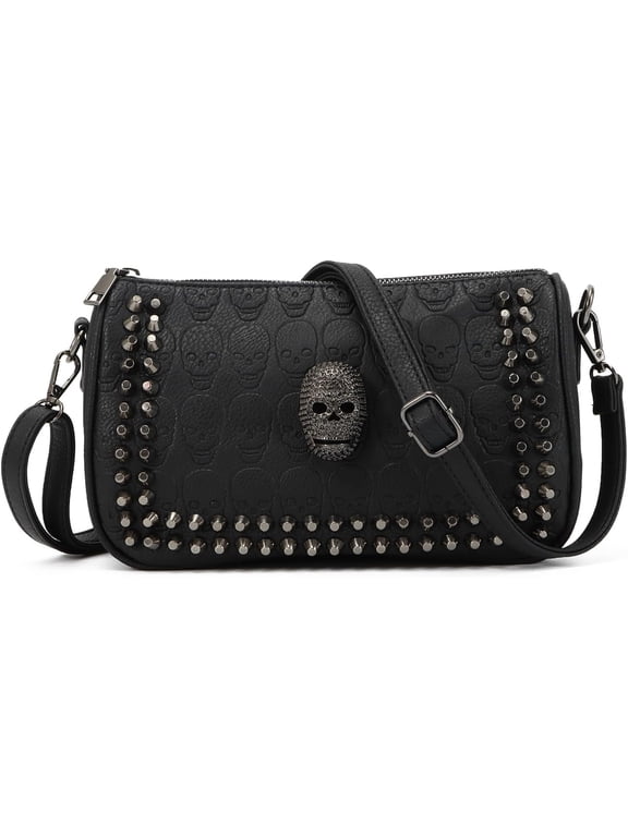 Women's Punk Skull Rivet Shoulder Bag PU Leather Gothic Crossbody with Chain Wallet