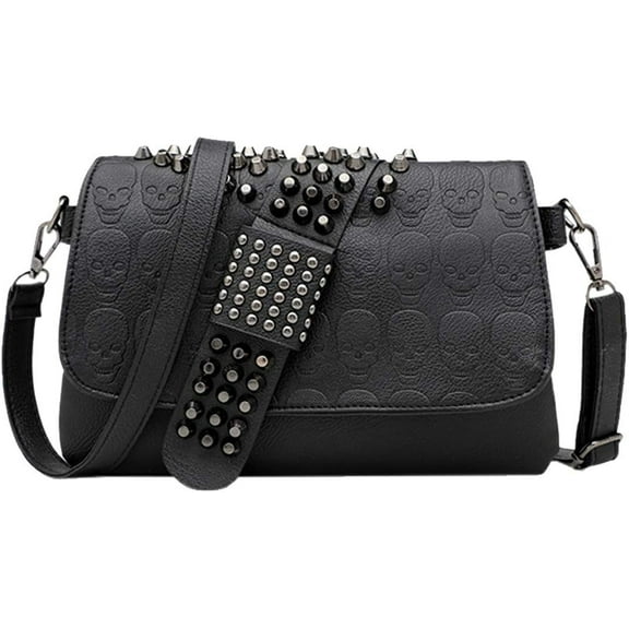 Women's Punk Skull Rivet Shoulder Bag PU Leather Gothic Crossbody with Chain Wallet