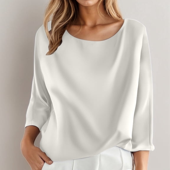 Women's Pure Color 3/4 Sleeve Round Neck Top Fitted Tee Legging Shirt Loose Colla Shirts for Women 3 Quarter Sleeve Shirts Women Quarter Length Sleeve Shirts Long Sleeve Summer Shirts Long Underwear