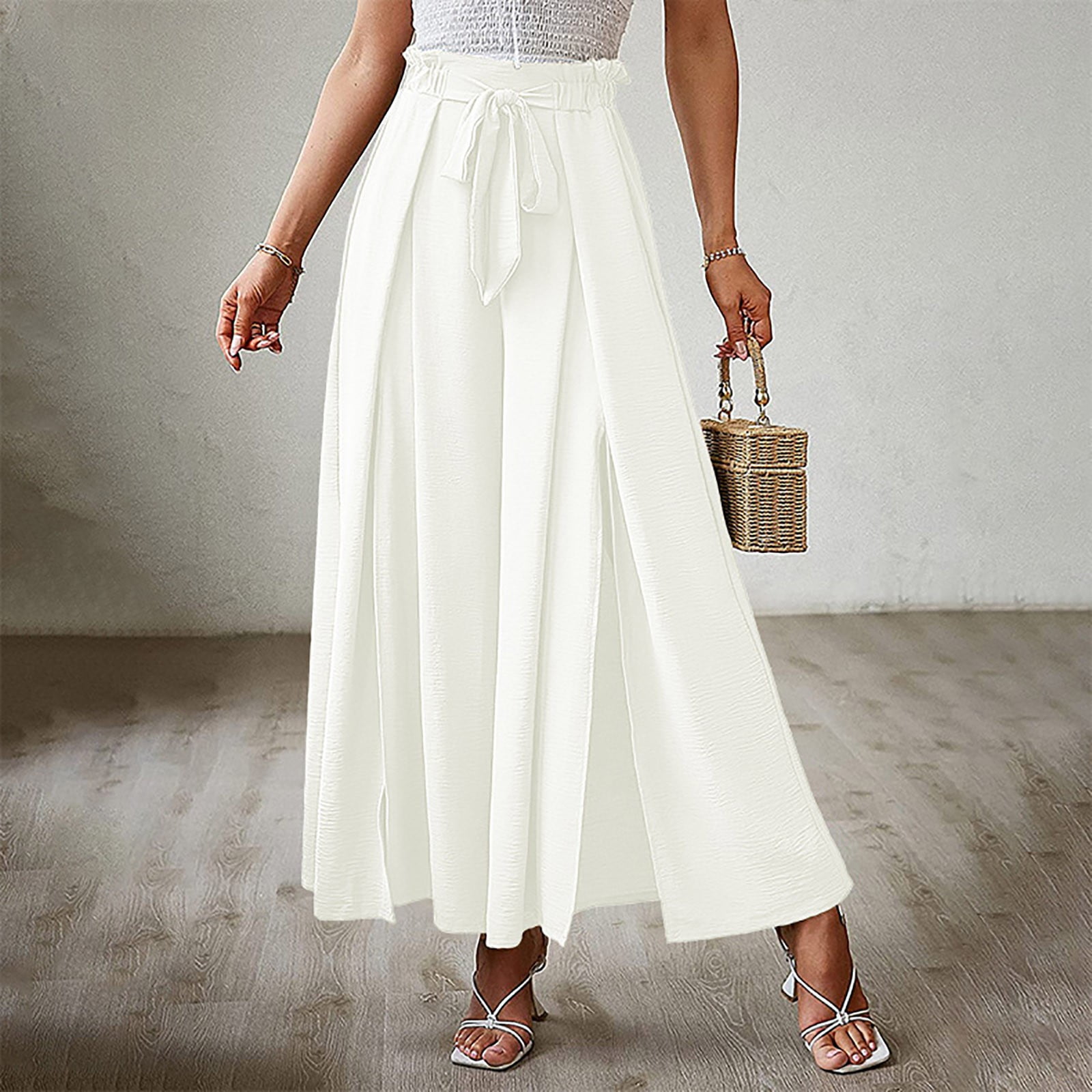 Women's Pure Color Bow Split High Waisted Belted Flowy Wide Leg Pants