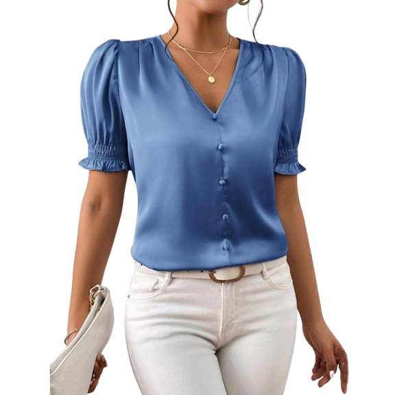 Women's Pure Color Casual Satin V-Neck Button-Up French Ruffled Short-Sleeve Top - Elegant Blouse with Ruffled Trim, Soft Satin Fabric, Chic Button Front,Blue,L